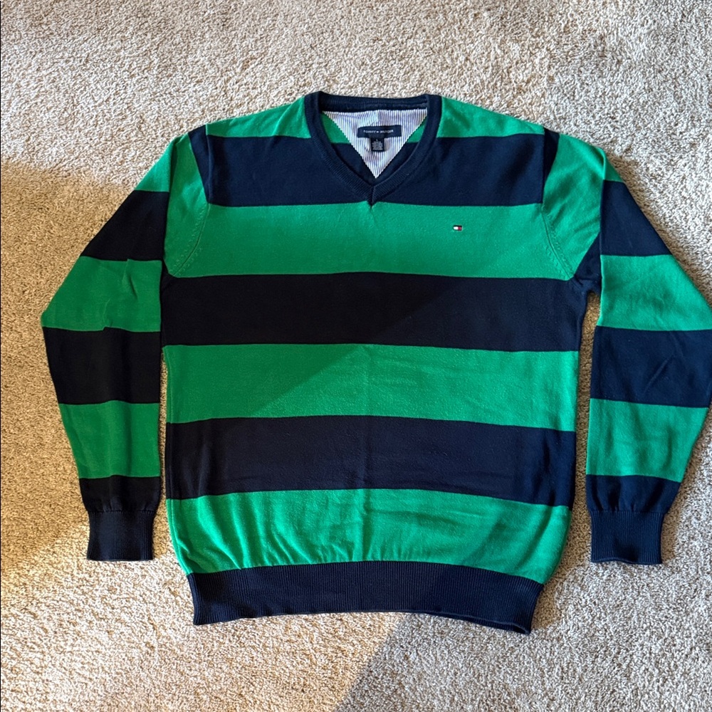 Tommy Hilfiger Men's V-Neck Rugby Style Sweater in Green and Black
